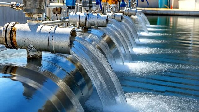 Flowing water through stainless steel pipes showcases the wastewater treatment process at a facility dedicated to cleaning and recycling water for environmental safety
