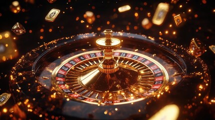 A close-up of a roulette wheel surrounded by floating playing cards, illuminated with golden lights, creating an exciting casino atmosphere.
