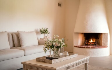 A modern living room with a fireplace and a couch, offering a serene space for relaxation and socializing