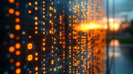 Abstract digital data stream at sunset.
