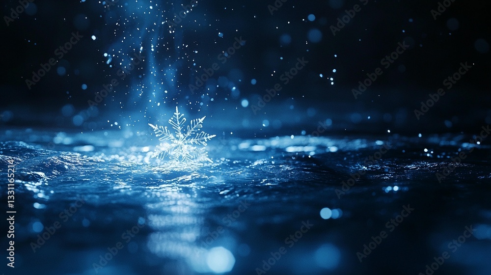 Poster water droplets splashing, creating a crown-like shape on dark blue water surface, with bokeh effect 
