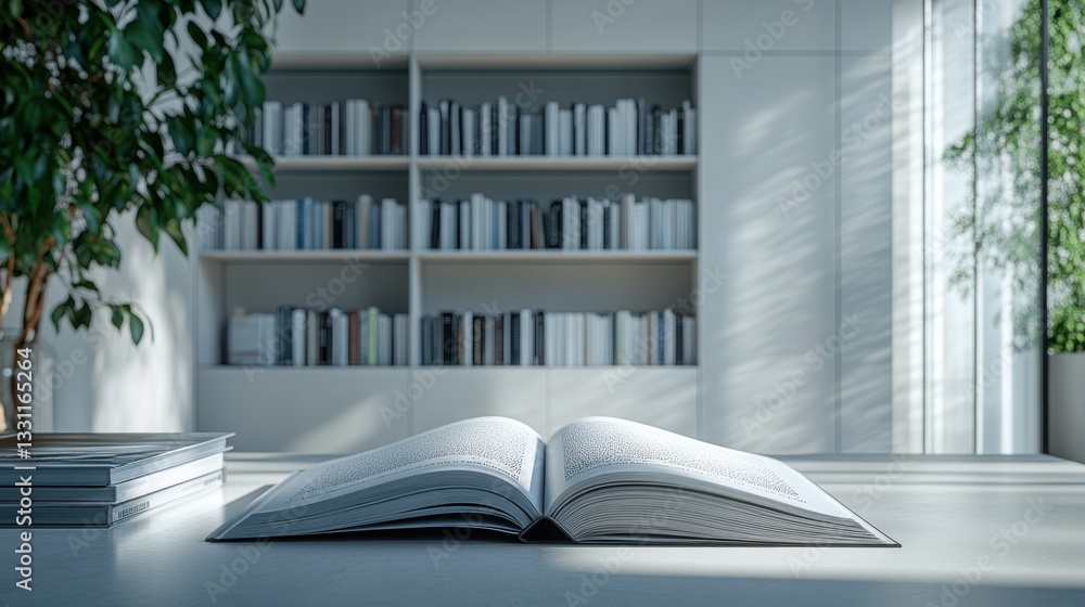 Poster a serene study scene featuring an open book on a table, surrounded by a bookshelf and natural light 