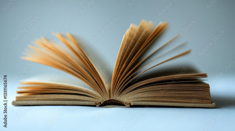 Poster an open book with pages fanned out, showcasing its textured edges and a subtle background, emphasizi