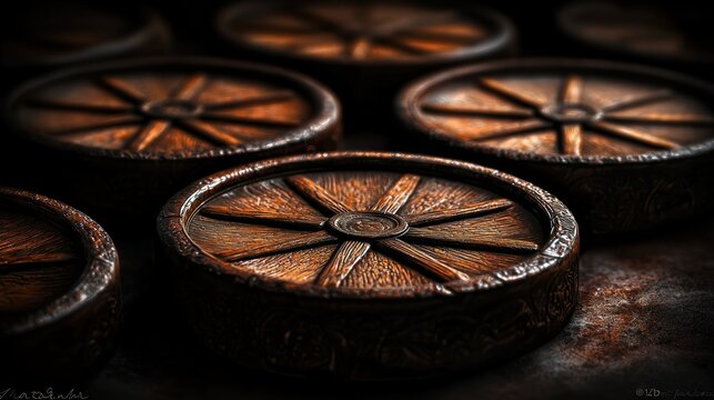 Circular discs with radial patterns displayed, dark, and weathered