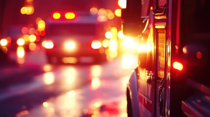 A vibrant urban scene featuring emergency vehicles, blurred city lights, and a warm glow, capturing a moment of urgency and action in a bustling environment.