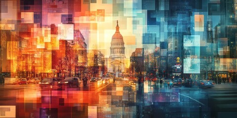 Colorful cityscape featuring the United States Capitol Building center