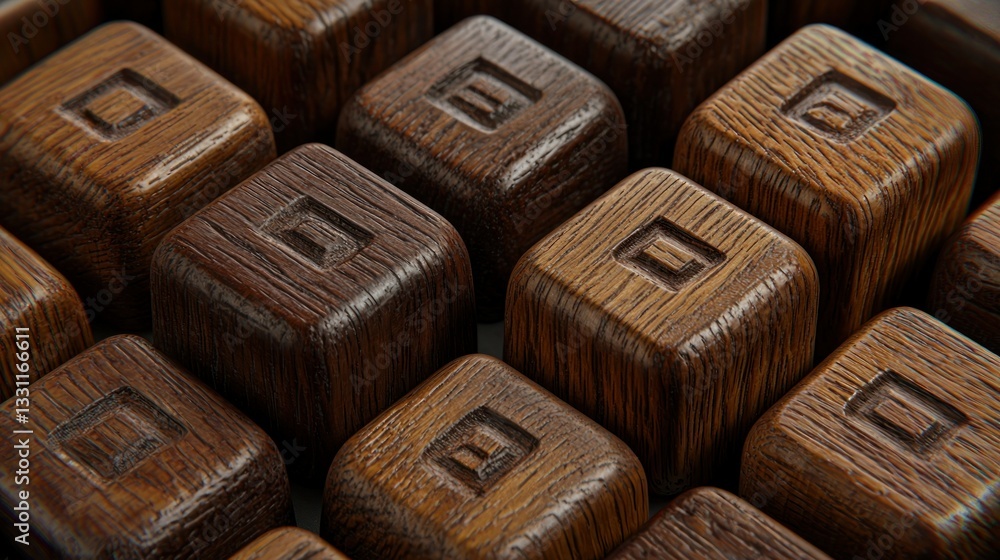 Poster close-up of dark wood blocks with square carvings in a grid pattern
