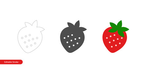 Strawberry Icon in Three Styles - Editable Stroke Outline, Silhouette, and Colored. Isolated on White Background, Vector Illustration