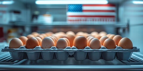 Eggs in refrigerator representing egg shortage in us with american flag