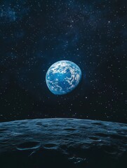 Earth Rising View From Moon Surface Under Starry Night Sky