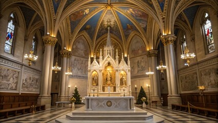 Obraz premium Catholic Church Interior with Altar and Chandeliers - Religious Architecture and Worship Space