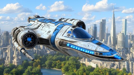 Fototapeta premium White and Blue Spaceship Soaring Over Modern Cityscape