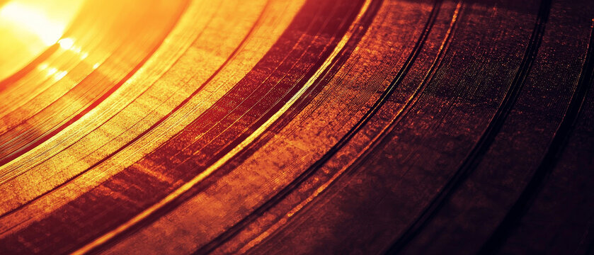 Warm-toned grooves of a vinyl record, backlit with golden light