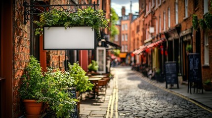 Fototapeta premium Cobblestone street with outdoor seating and blank sign
