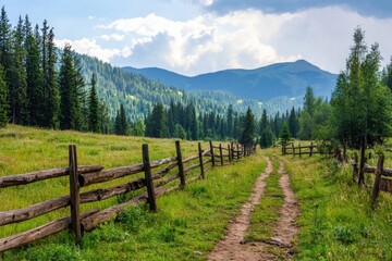 A serene dirt path winds through a lush green meadow, bordered by wooden fences and framed by majestic mountains under a cloudy sky.