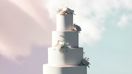 Elegant tall wedding cake in fine art style with soft light against a white sky and a pastel color background.