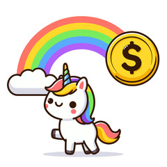 Unicorn with dollar coin and rainbow. Vector illustration representing mythical investments, magical profits and fantasy financial returns concepts.