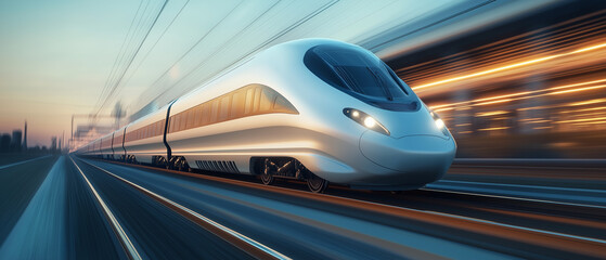 Fototapeta premium A sleek, high-speed train with streamlined curves and reflective surfaces travels through an urban industrial landscape at night, symbolizing modern transportation, speed, and technological advancemen