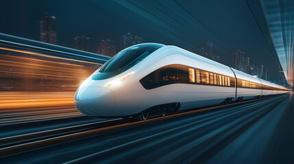 Fototapeta premium A sleek, high-speed train with streamlined curves and reflective surfaces travels through an urban industrial landscape at night, symbolizing modern transportation, speed, and technological advancemen