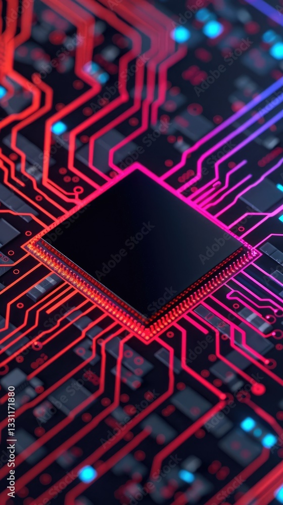 Poster a microchip processor on a circuit board glowing red and pink a detailed technological image