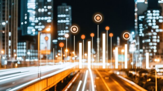 Night Cityscape with Glowing Data Graph Overlay