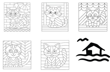 Fototapeta premium Cute Cat Coloring Pages: Printable Kitten Line Art for Kids & Adults, Black and White Animal Illustrations, Feline Themed Activity Sheets