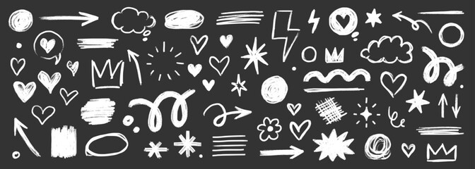 Line kid pencil color brush hand drawn chalk vector element set. Texture brush chalk stroke kid heart, star, arrow element hand drawn sketch scribble. Crayon pencil style. Vector illustration