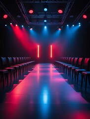 Fashion runway stage with dramatic blue and red lighting, modern seating arrangement, and a sleek reflective floor, creating a high-end atmosphere for catwalk events and shows

