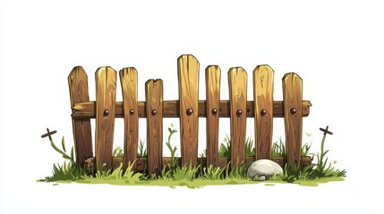 Obraz premium A wooden fence with a rustic look, surrounded by grass and a stone, suggesting a tranquil outdoor setting.