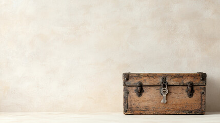Fototapeta premium vintage wooden treasure chest with key sits against textured background, evoking curiosity and adventure