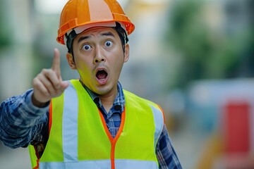 Asian Consrtruction Worker Wearing Safety Helmet and Vest Pointing Finger with Shocked Expression