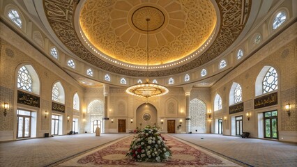 Obraz premium Grand Mosque Prayer Hall with Central Dome and Ornate Details - Islamic Architecture and Spacious Interior