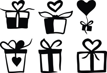 Black & White Gift Box Vector Set: Hand-Drawn Presents with Heart Bows for Valentine's Day, Wedding, or Birthday Design Elements