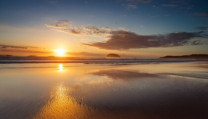 Fototapeta premium serene beach sunset reflections on sand