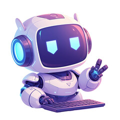 Digital Companion: An adorable robot is depicted in a friendly and inviting pose, with expressive illuminated eyes, offering a comforting presence. The robot interacts with a keyboard.
