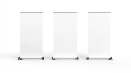 Three Blank Roll Up Banners on White Backdrop for Business Marketing