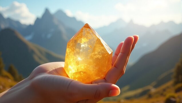 Holding a radiant citrine crystal with a mountain backdrop