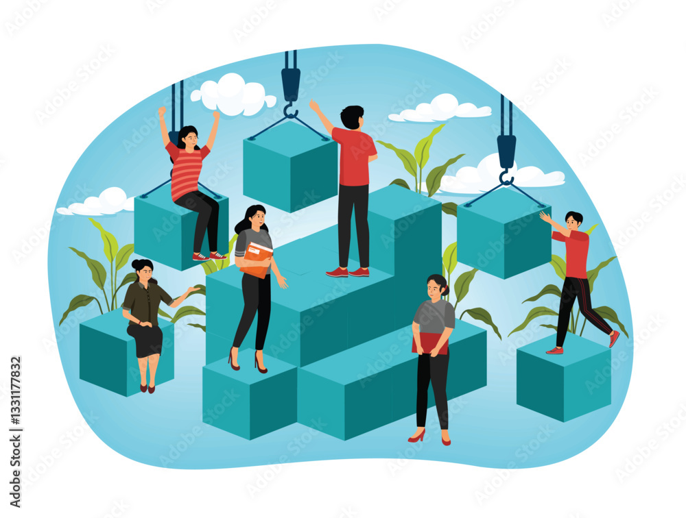 Poster solving problem and difficult work teamwork assemble tiny persons concept.