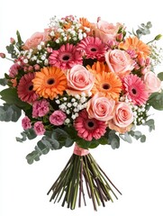 Fototapeta premium Beautiful and Vibrant Mixed Bouquet with Roses, Gerberas, Baby's Breath, and Eucalyptus Leaves on a White Background