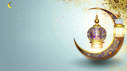 ramadan and eid al fitr celebration background with elegant crescent moon and lantern. copy space, banner background. 