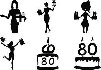 Silhouette Birthday Celebration: Women with Gifts & 80th Birthday Cakes Vector Graphics for Invitations & Party Designs