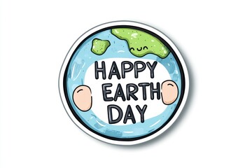 Cartoon Earth Day Sticker with Happy Globe Illustration on White