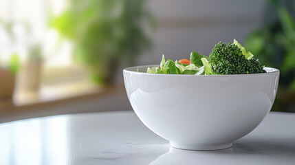 Fresh salad in white bowl with broccoli and greens, bright background