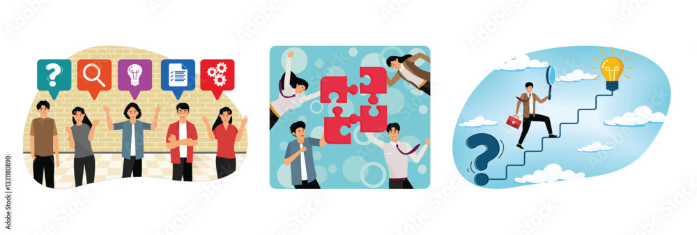 Poster concept of decision problem. teamwork and team building. finding solution to solve problem.