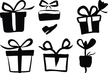 Black and White Gift Box Vector Set: Hand-Drawn Presents with Ribbons, Holiday Celebration, Graphic Design Elements, Gift Icons