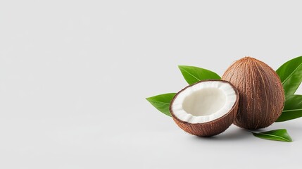 Fresh coconut with green leaves on a light background