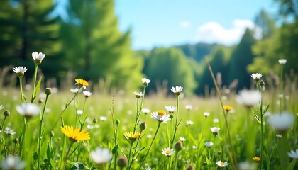 Fototapeta premium A sunny meadow filled with wildflowers under a bright blue sky