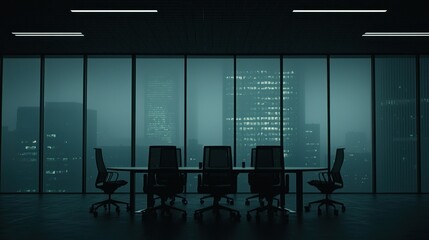 Plakat Dark, moody conference room overlooking a cityscape through large windows