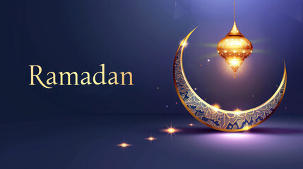 ramadan and eid al fitr celebration background with elegant crescent moon and lantern. copy space, banner background. 