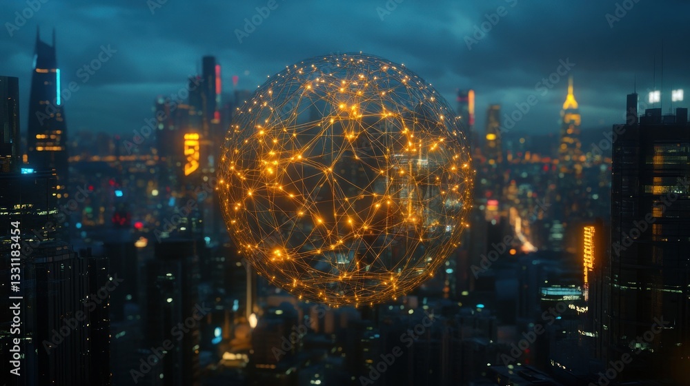 Aufkleber Futuristic cityscape at night with glowing orb representing global network connection.